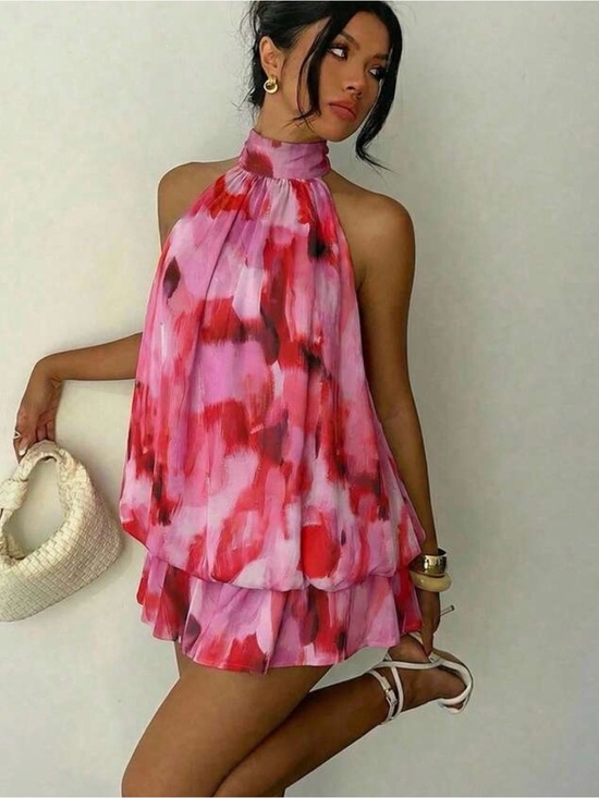 Dresses & Skirts - Sleeveless Pink & Red Watercolor Halter Mini Dress